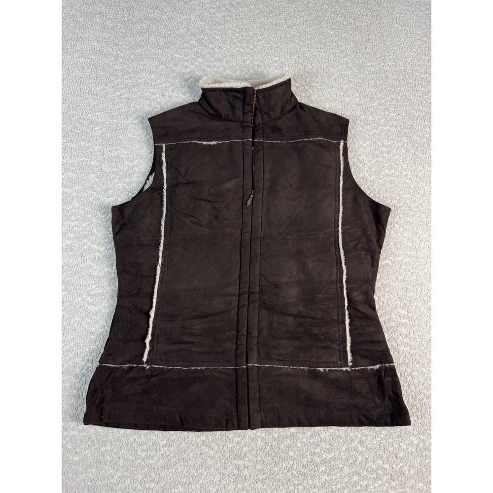 Straight‎ Down Vest Womens Medium Brown Faux Suede Sherpa Fleece Lined Full Zip
